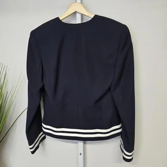 Linda Allard Ellen Tracy Navy Blue Striped Trim Collarless Blazer Jacket Size 8 - Picture 3 of 5